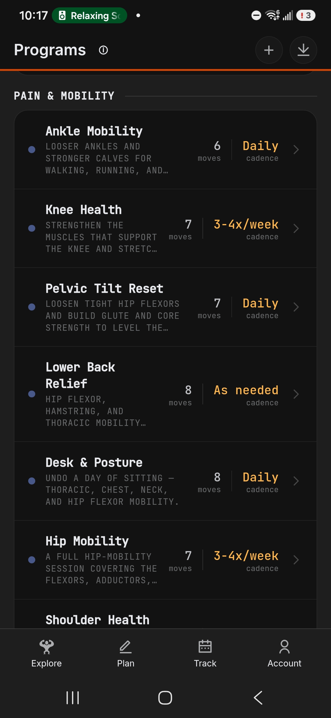 YesCoach Programs picker with three preset training splits and a Pain & Mobility shelf below