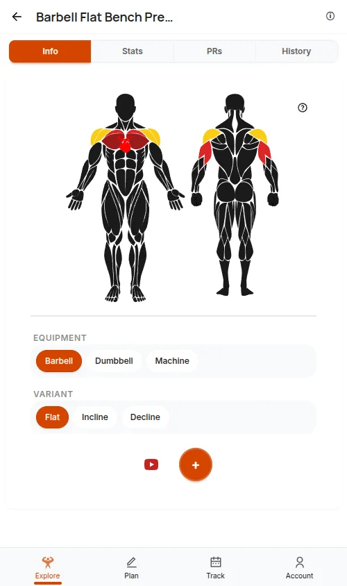 YesCoach ExerciseDetailPage for bench press, front and back body map with chest, front delts, and triceps highlighted, plus Equipment and Variant chips
